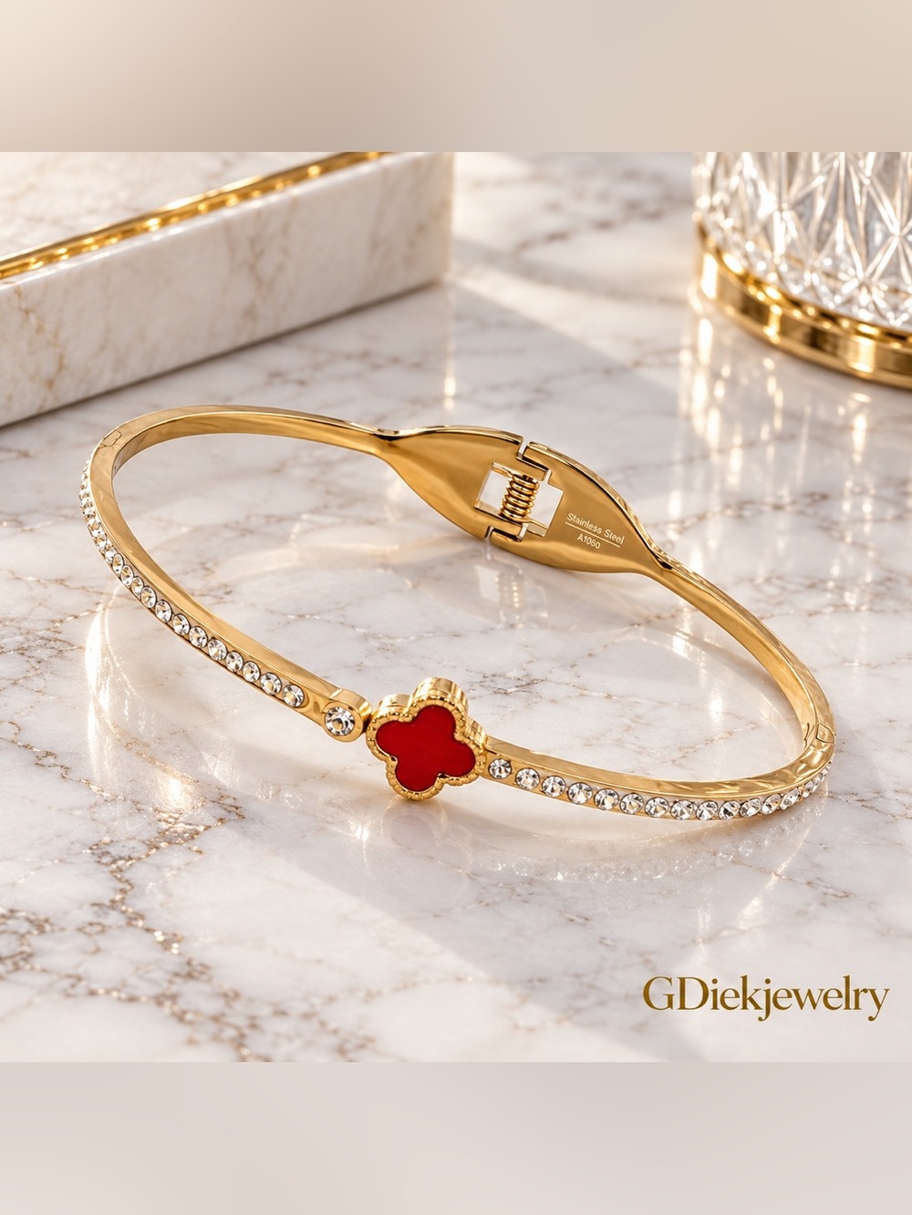 Gold Bangle Bracelet with Red Clover Charm and Crystals Stainless Steel